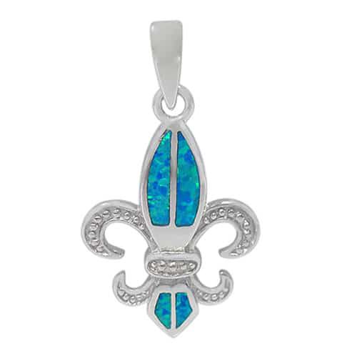 Blue Fire Opal Fleur de Lis Sterling Pendant - French Lily